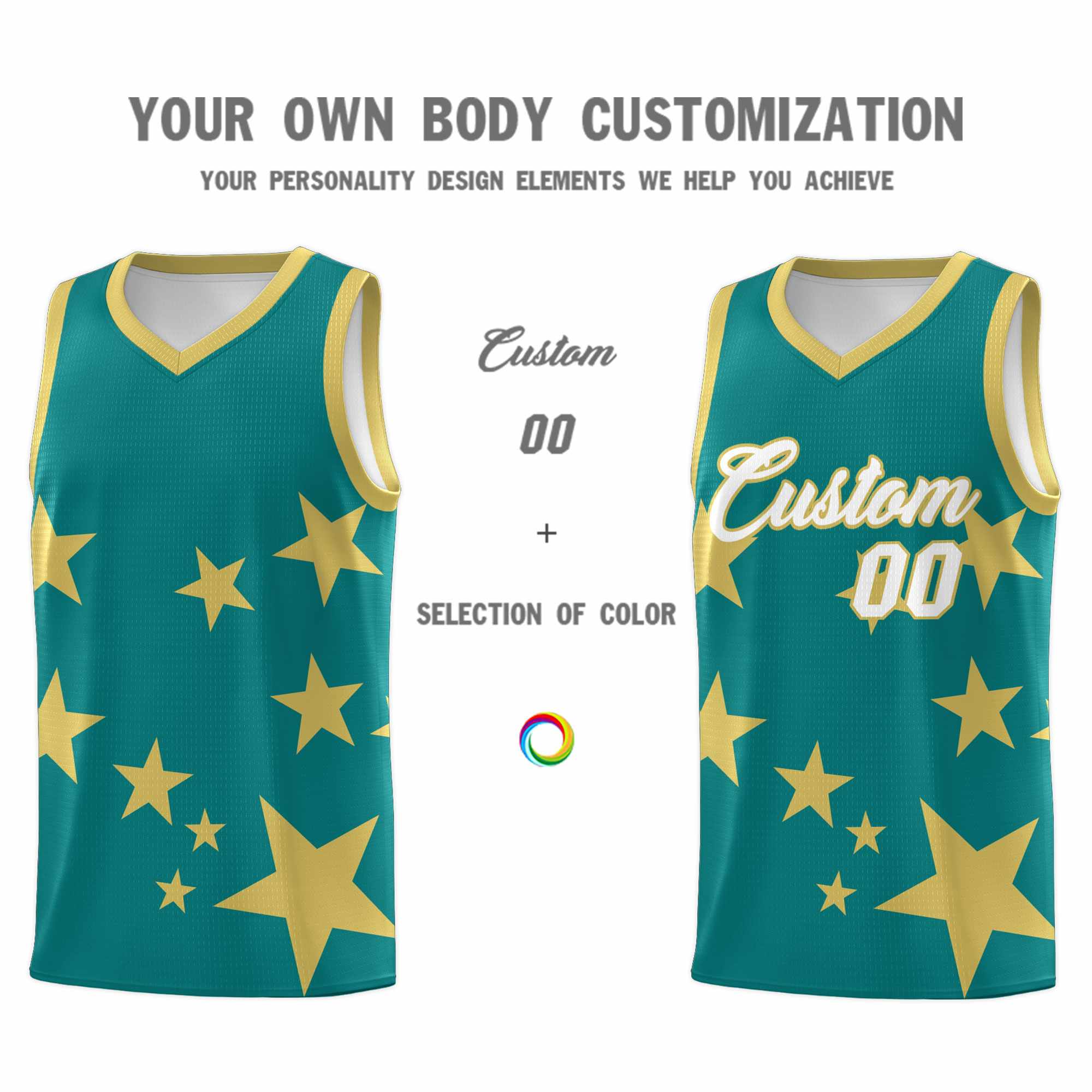 Custom Aqua Old Gold Graffiti Pattern Star Print Basketball Jersey Kits|KXKSHOP