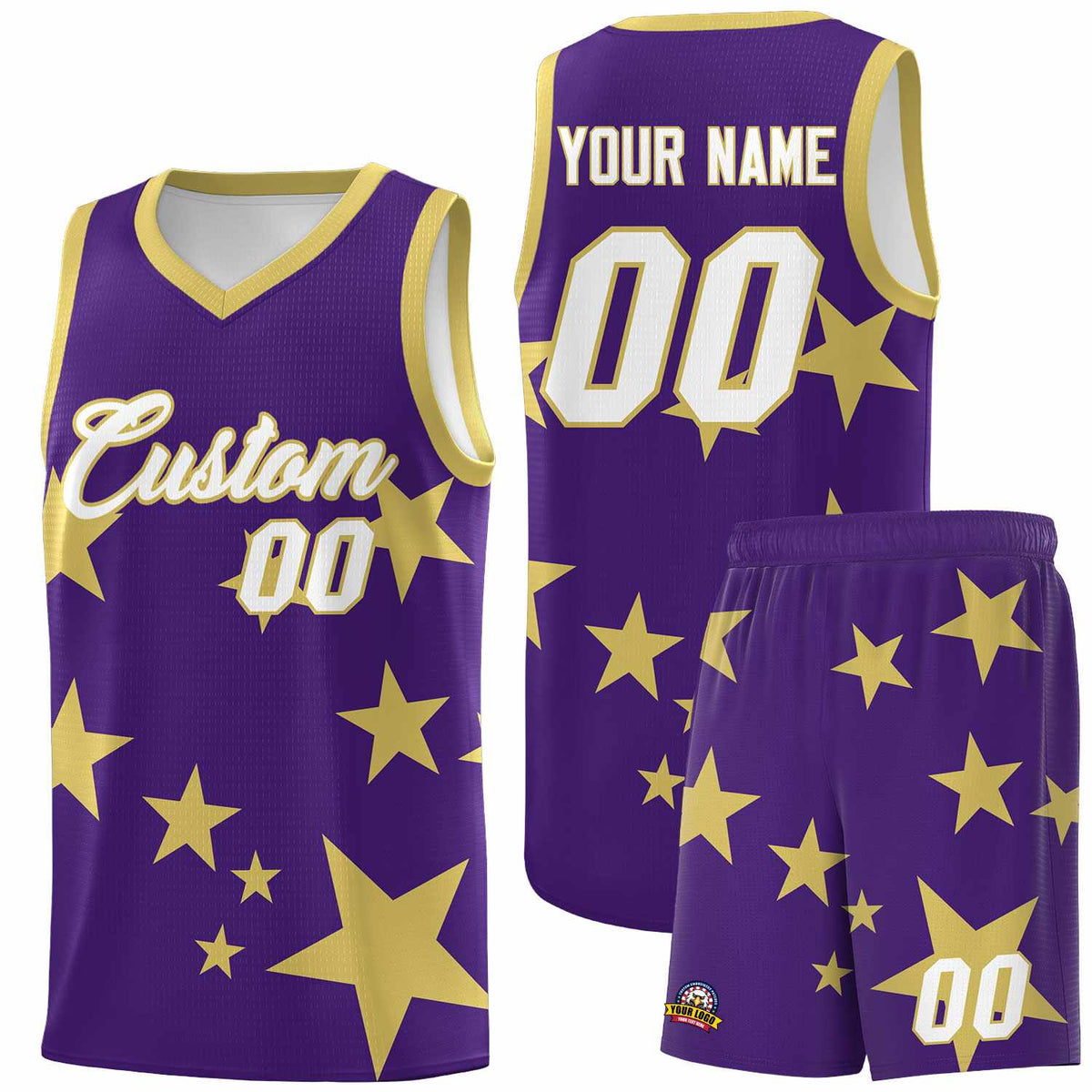 Custom Purple Old Gold Graffiti Pattern Star Print Basketball Jersey Kits|KXKSHOP