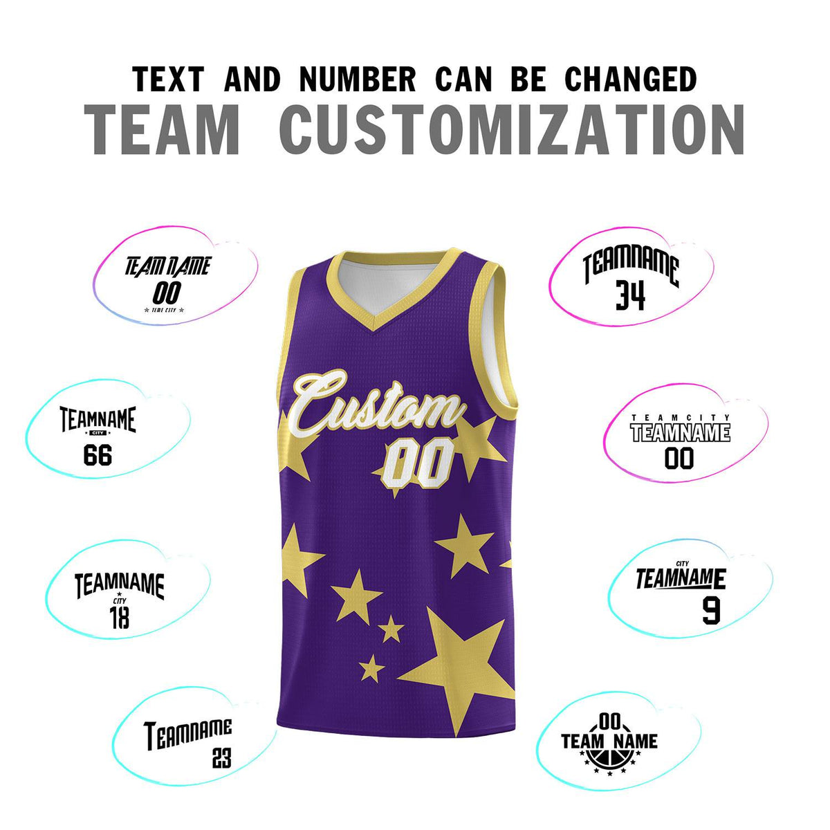 Custom Purple Old Gold Graffiti Pattern Star Print Basketball Jersey Kits|KXKSHOP