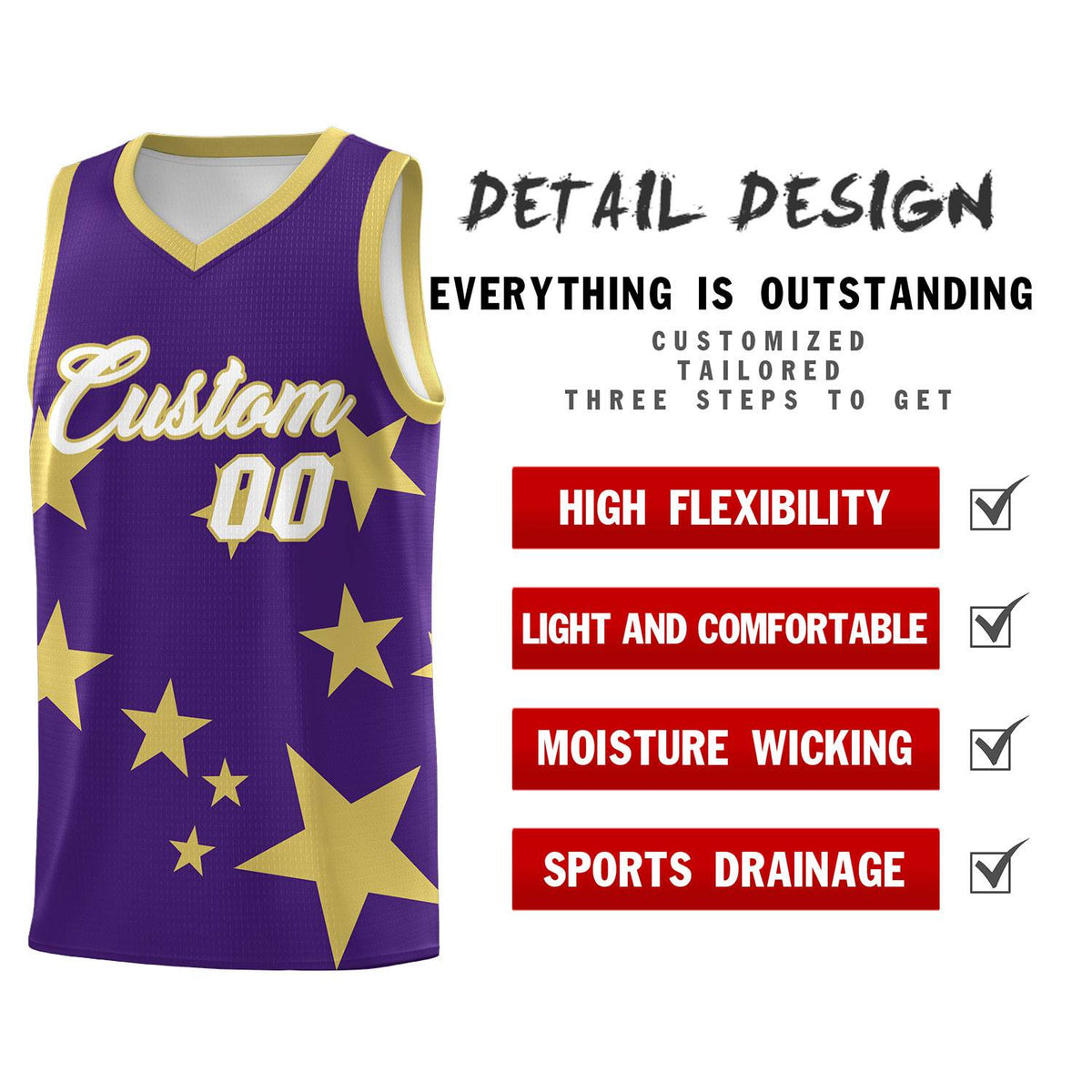 Custom Purple Old Gold Graffiti Pattern Star Print Basketball Jersey Kits|KXKSHOP