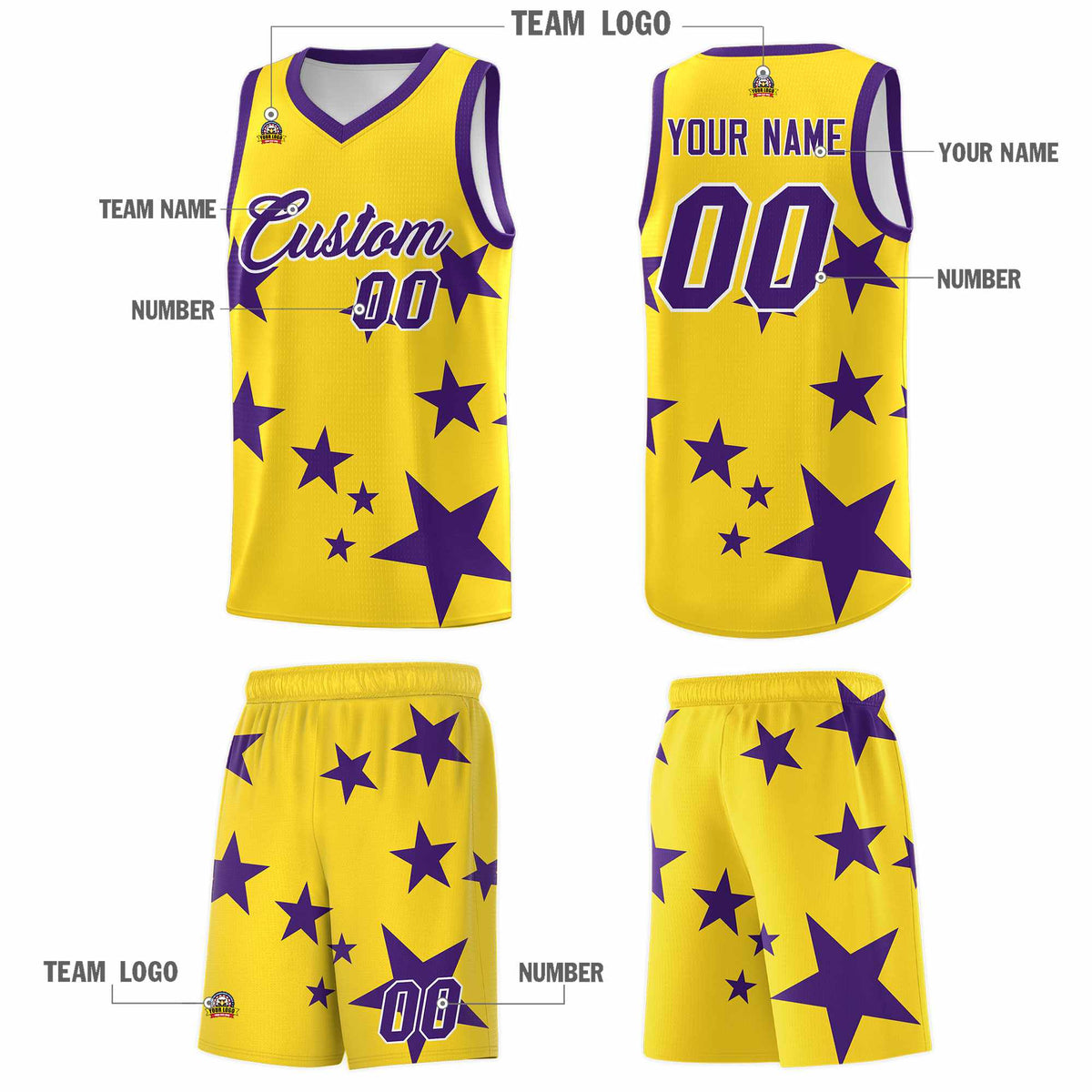 Custom Gold Purple Graffiti Pattern Star Print Basketball Jersey Kits|KXKSHOP
