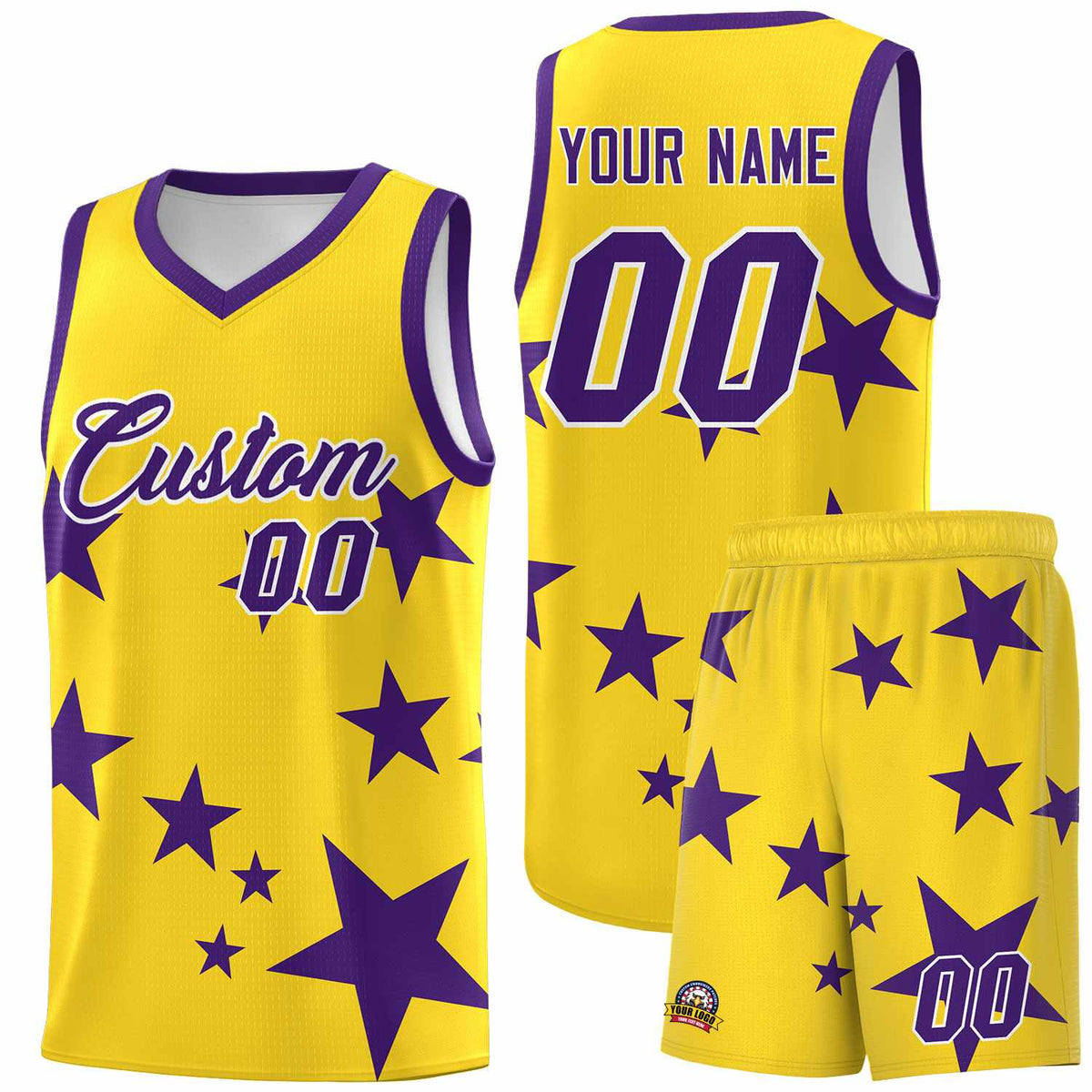 Custom Gold Purple Graffiti Pattern Star Print Basketball Jersey Kits|KXKSHOP