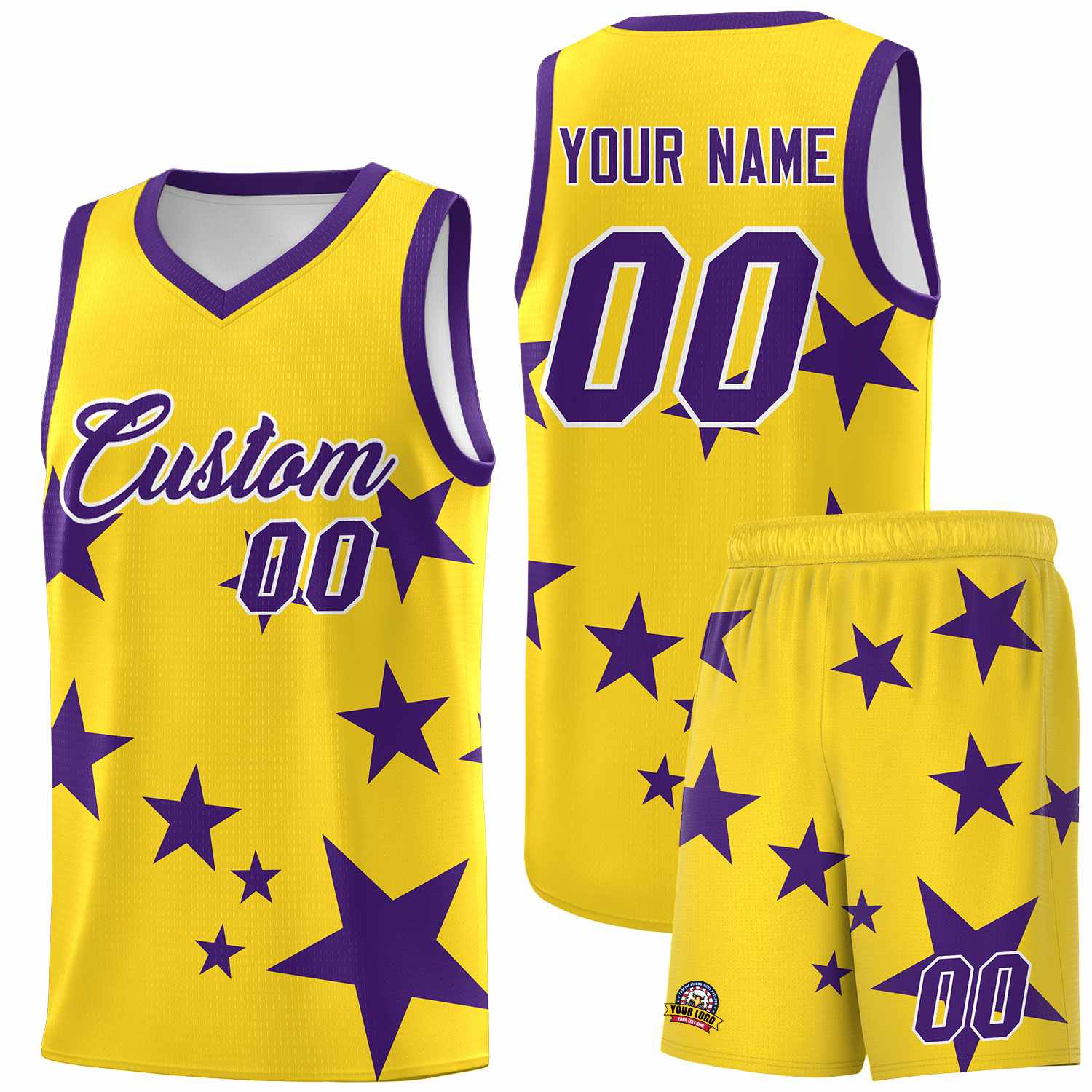 Custom Gold Purple Graffiti Pattern Star Print Basketball Jersey Kits|KXKSHOP