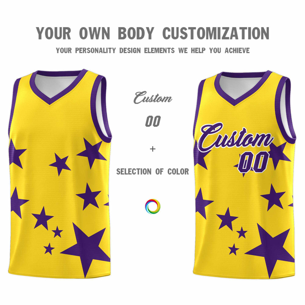 Custom Gold Purple Graffiti Pattern Star Print Basketball Jersey Kits|KXKSHOP