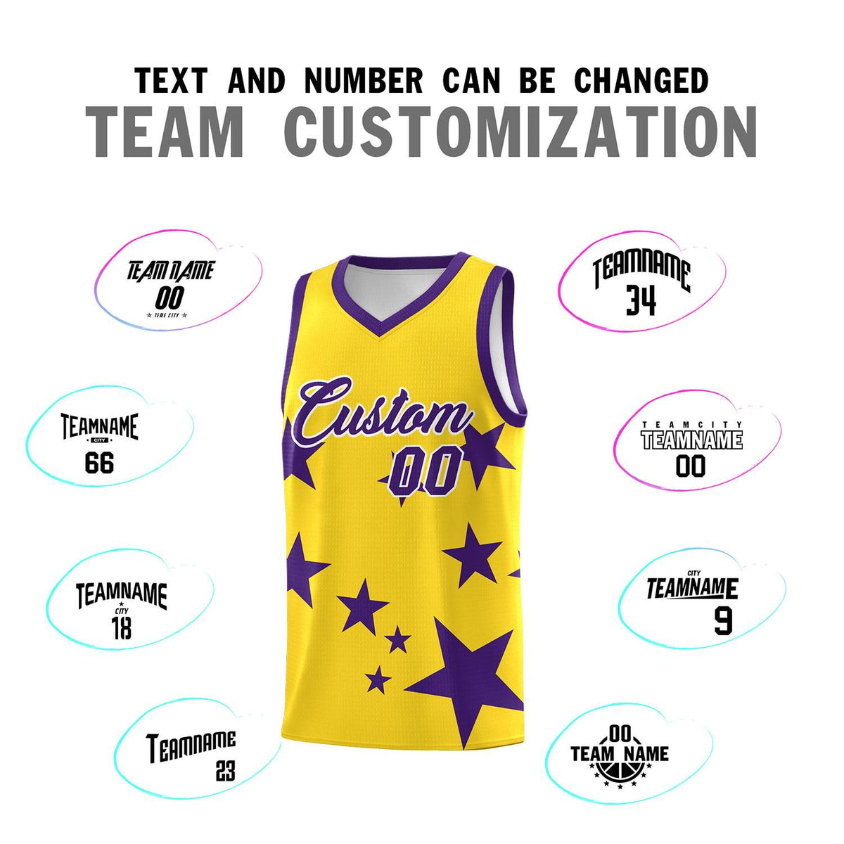 Custom Gold Purple Graffiti Pattern Star Print Basketball Jersey Kits|KXKSHOP