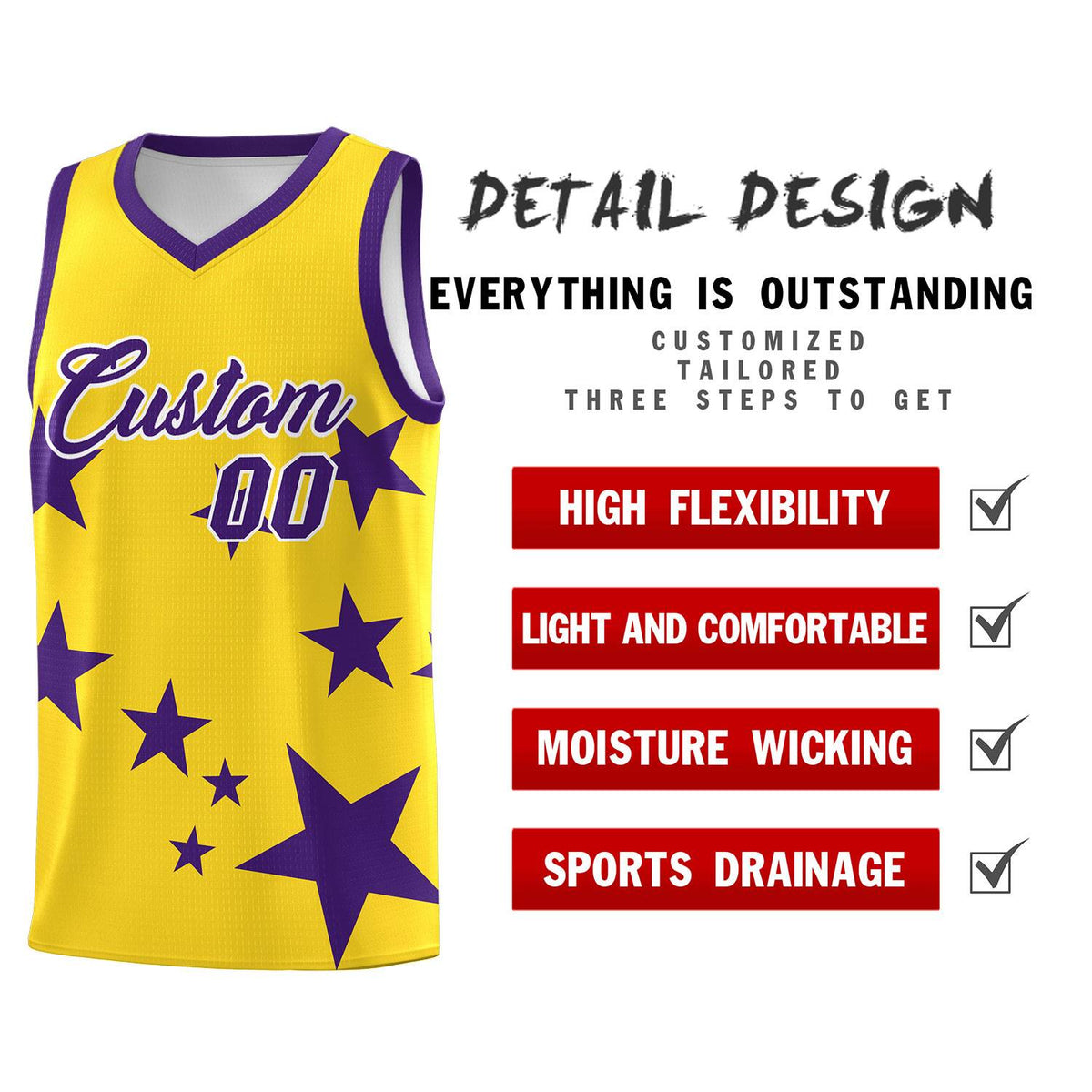 Custom Gold Purple Graffiti Pattern Star Print Basketball Jersey Kits|KXKSHOP