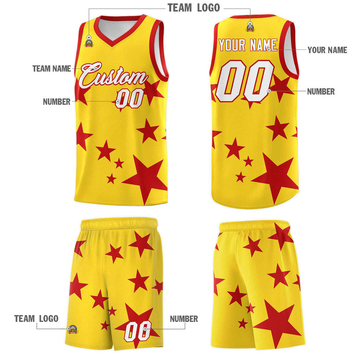 Custom Gold Red Graffiti Pattern Star Print Basketball Jersey Kits|KXKSHOP