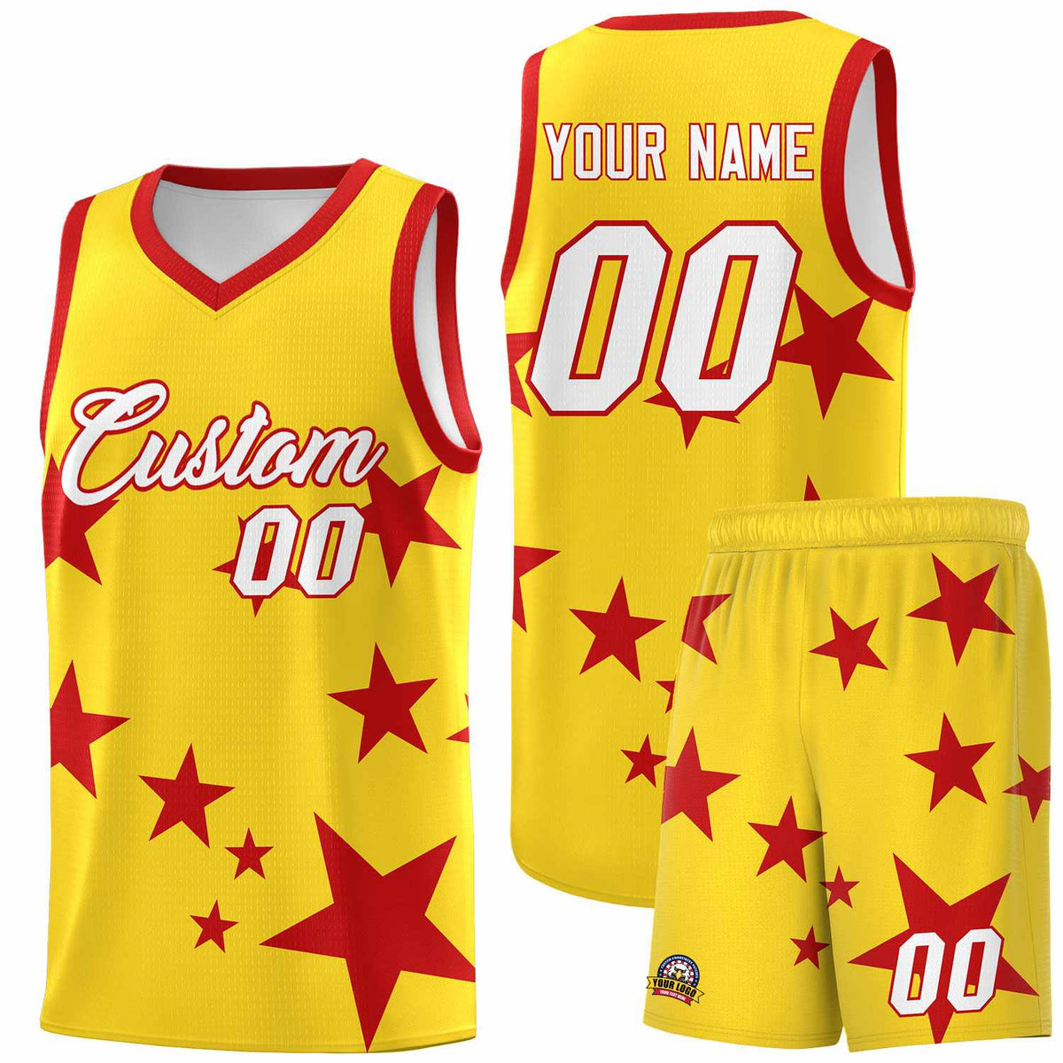 Custom Gold Red Graffiti Pattern Star Print Basketball Jersey Kits|KXKSHOP