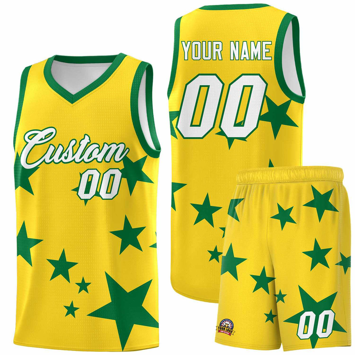 Custom Gold Kelly Green Graffiti Pattern Star Print Basketball Jersey Kits|KXKSHOP