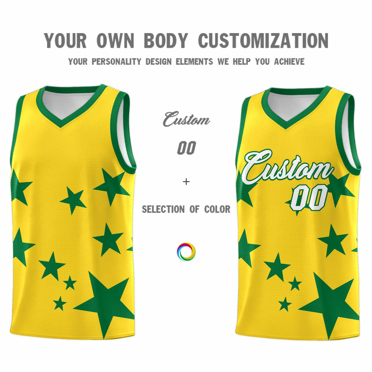 Custom Gold Kelly Green Graffiti Pattern Star Print Basketball Jersey Kits|KXKSHOP