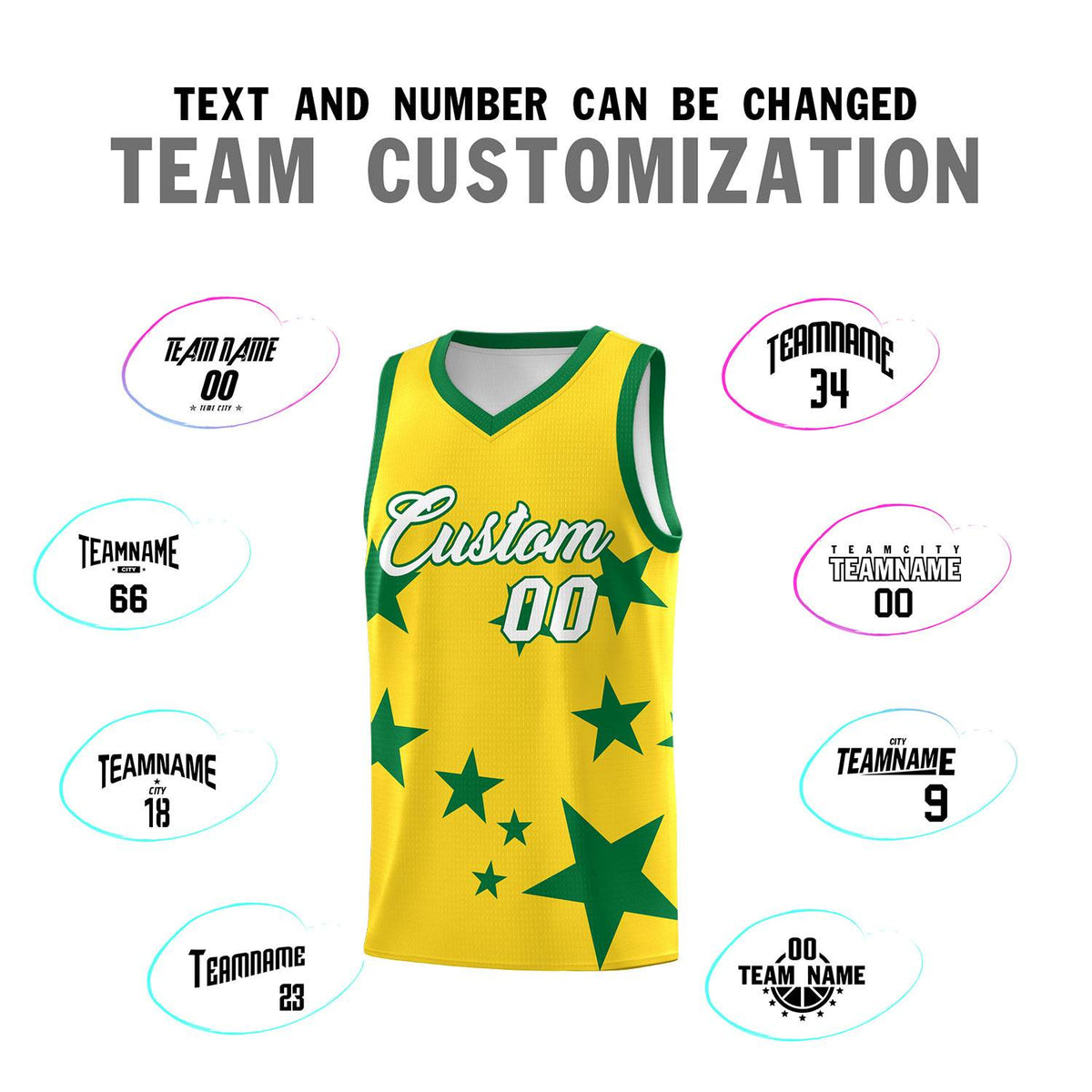 Custom Gold Kelly Green Graffiti Pattern Star Print Basketball Jersey Kits|KXKSHOP