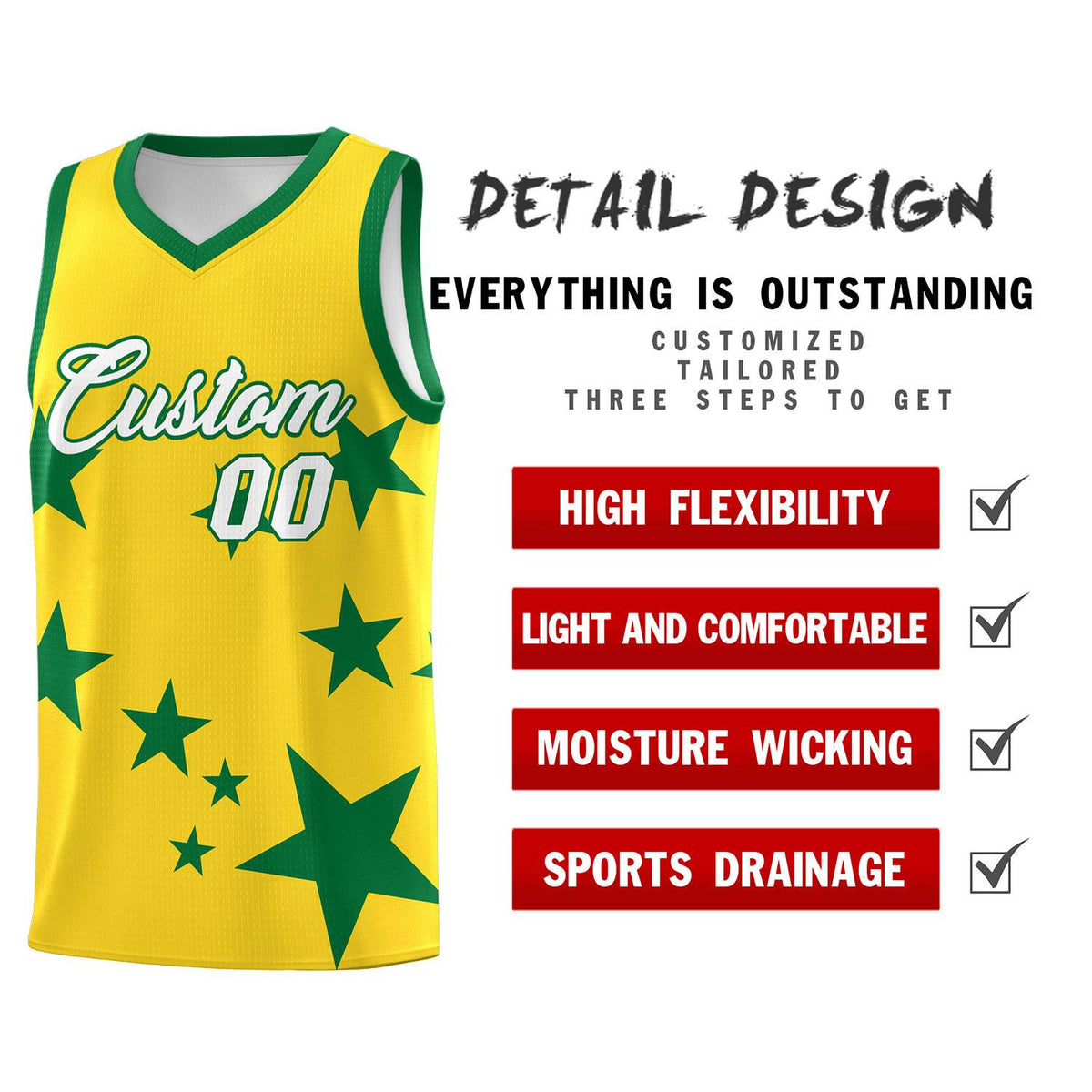 Custom Gold Kelly Green Graffiti Pattern Star Print Basketball Jersey Kits|KXKSHOP