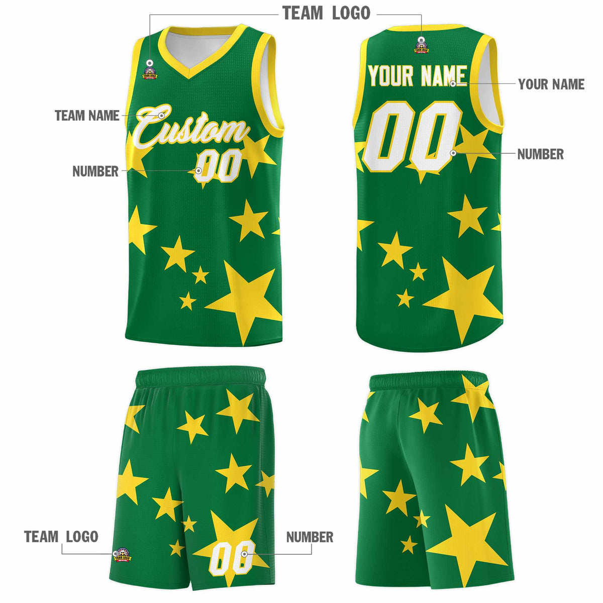 Custom Kelly Green Gold Graffiti Pattern Star Print Basketball Jersey Kits|KXKSHOP
