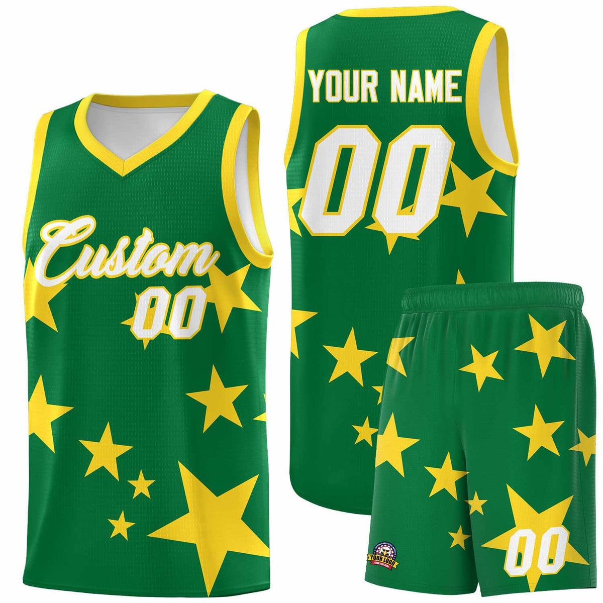 Custom Kelly Green Gold Graffiti Pattern Star Print Basketball Jersey Kits|KXKSHOP