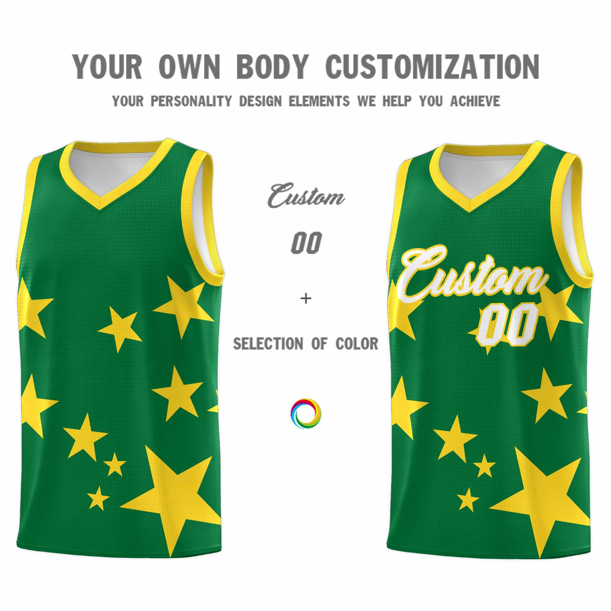 Custom Kelly Green Gold Graffiti Pattern Star Print Basketball Jersey Kits|KXKSHOP