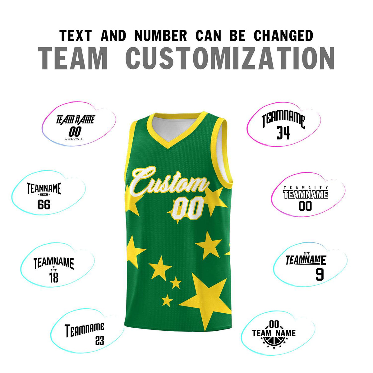 Custom Kelly Green Gold Graffiti Pattern Star Print Basketball Jersey Kits|KXKSHOP