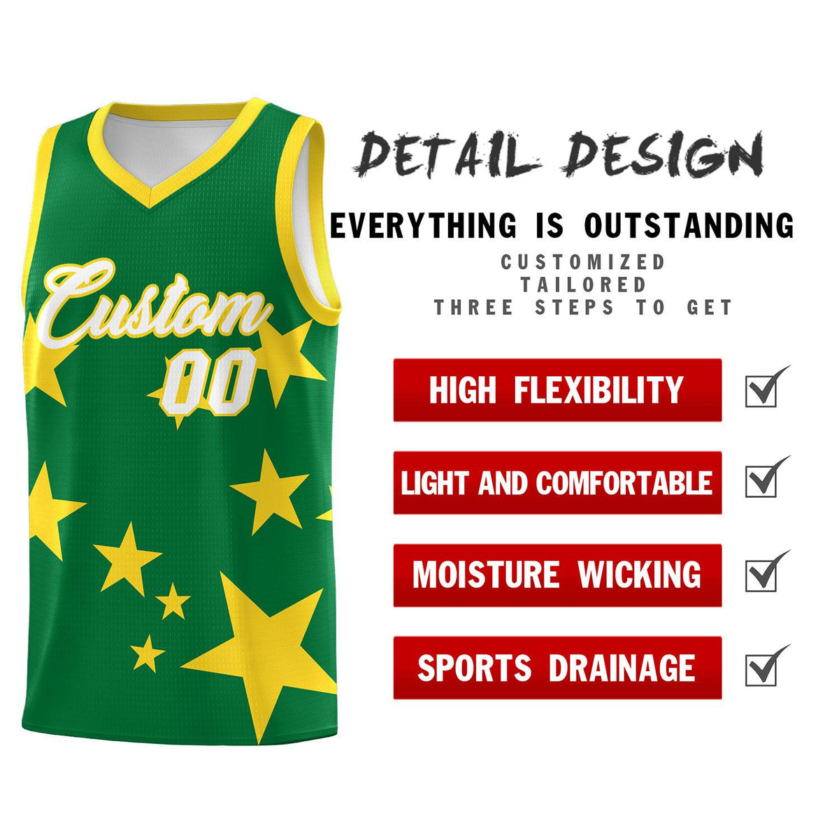 Custom Kelly Green Gold Graffiti Pattern Star Print Basketball Jersey Kits|KXKSHOP