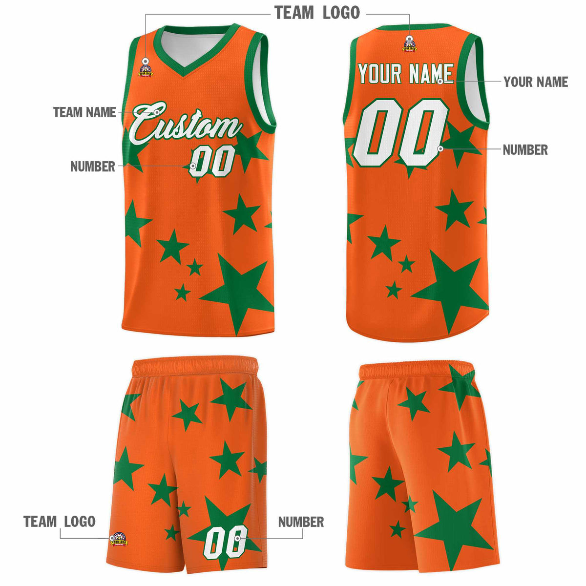 Custom Orange Kelly Green Graffiti Pattern Star Print Basketball Jersey Kits|KXKSHOP