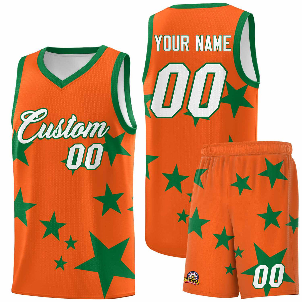 Custom Orange Kelly Green Graffiti Pattern Star Print Basketball Jersey Kits|KXKSHOP