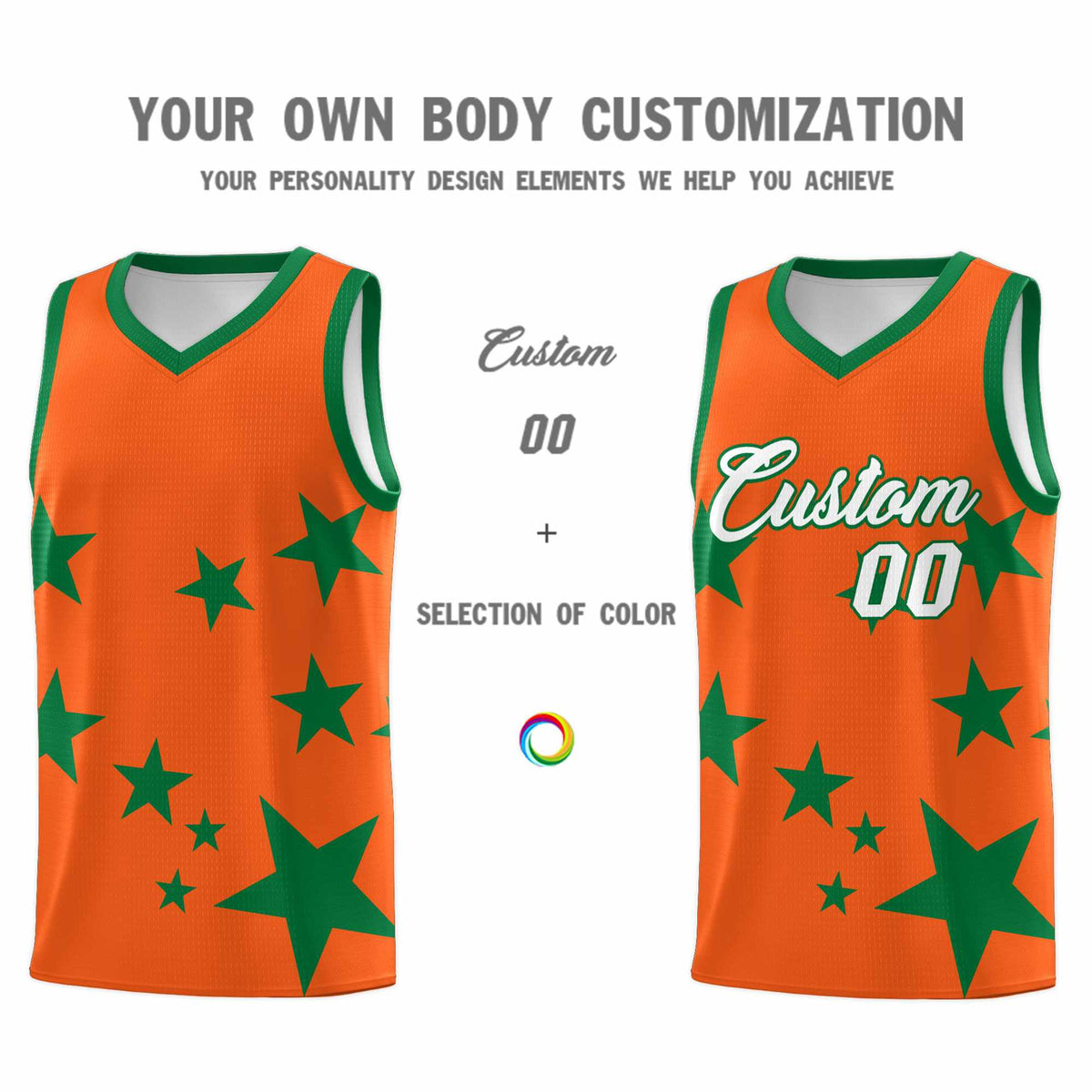 Custom Orange Kelly Green Graffiti Pattern Star Print Basketball Jersey Kits|KXKSHOP