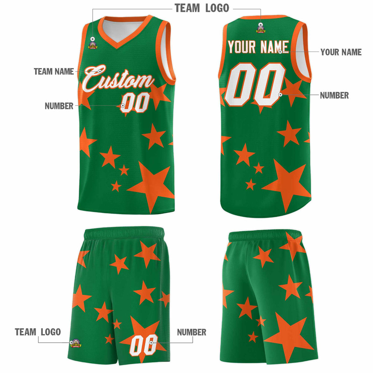 Custom Kelly Green Orange Graffiti Pattern Star Print Basketball Jersey Kits|KXKSHOP