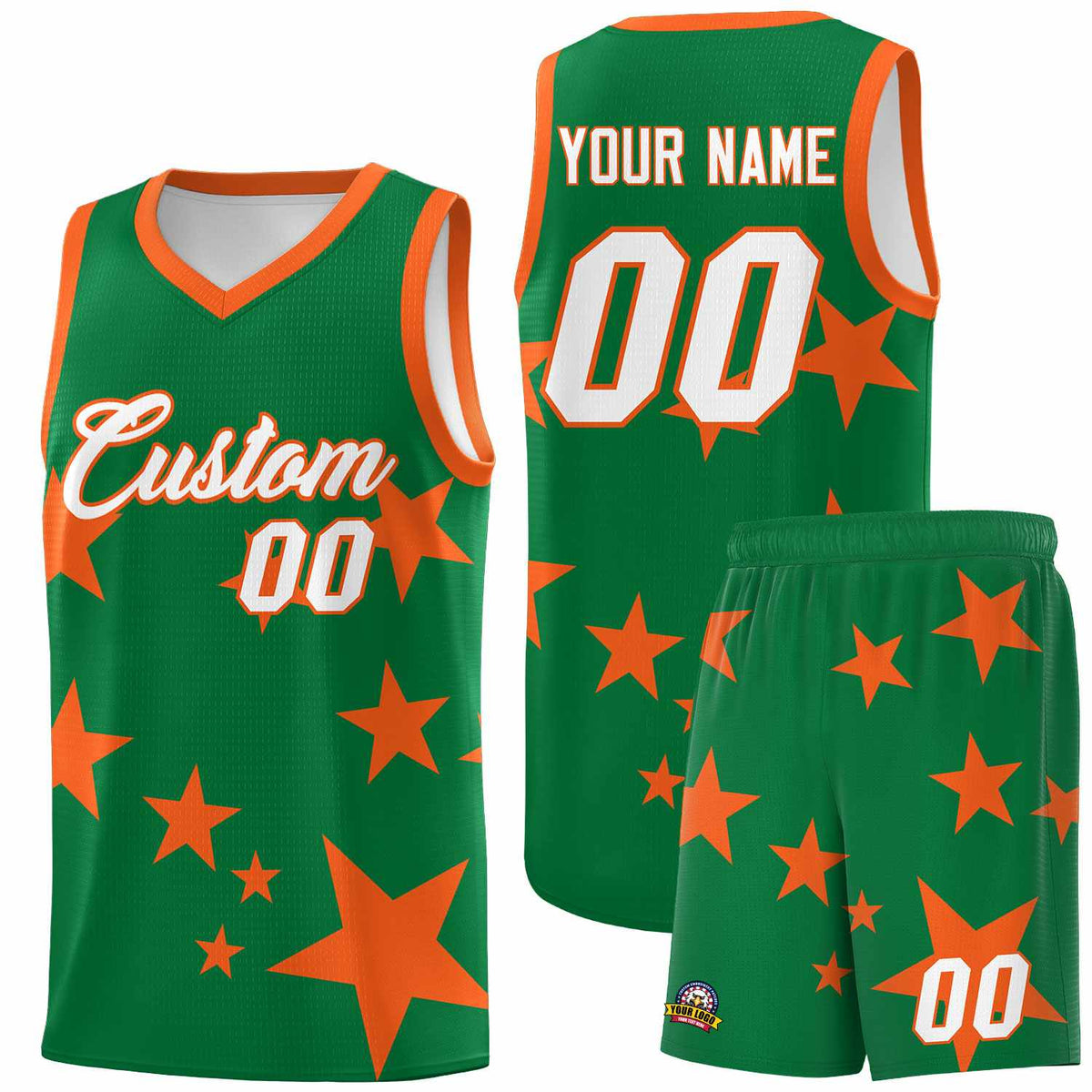 Custom Kelly Green Orange Graffiti Pattern Star Print Basketball Jersey Kits|KXKSHOP