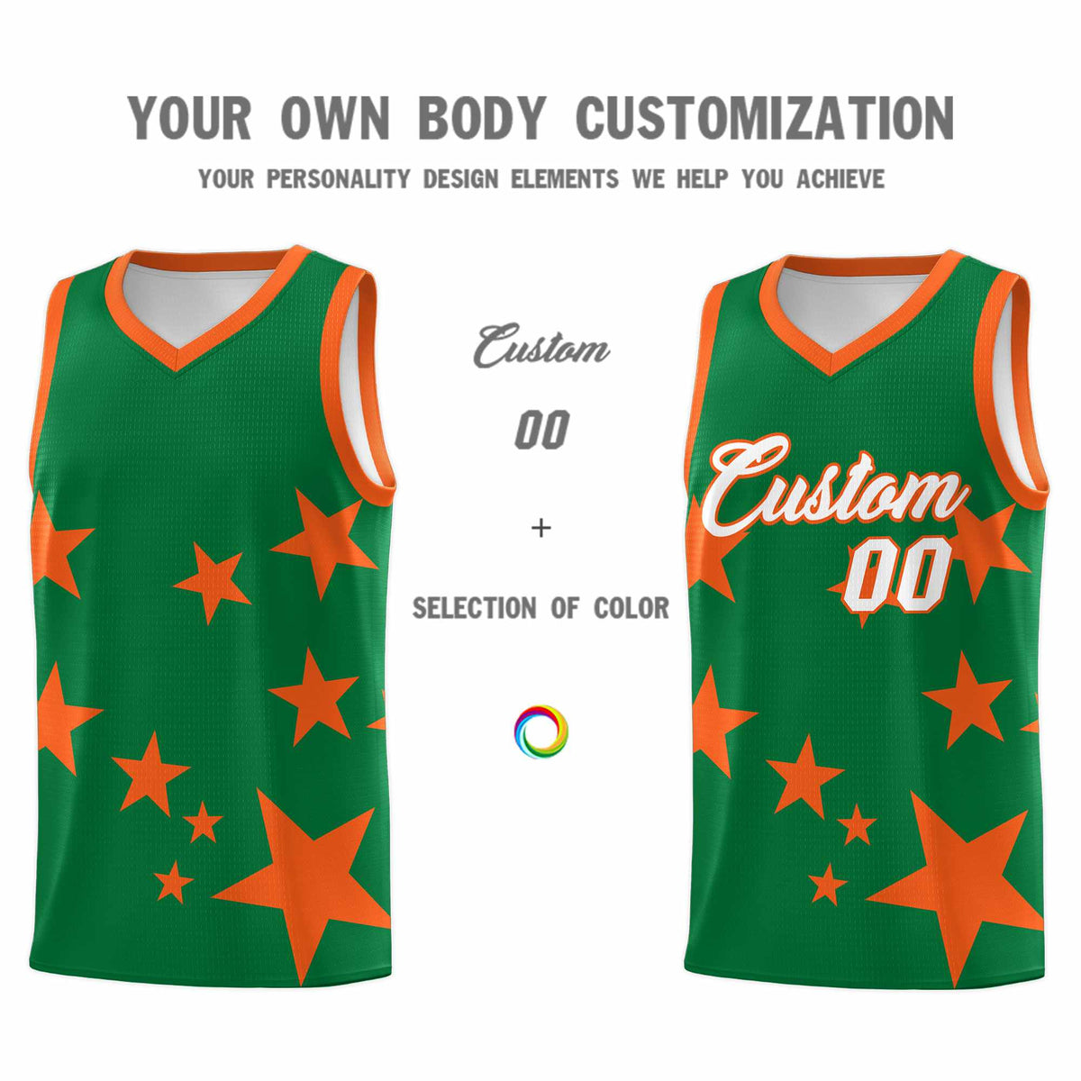 Custom Kelly Green Orange Graffiti Pattern Star Print Basketball Jersey Kits|KXKSHOP