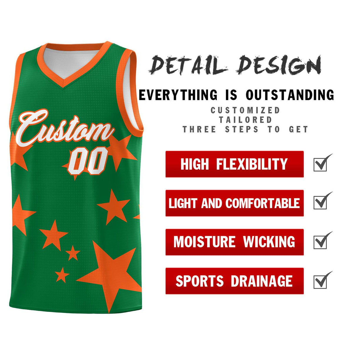 Custom Kelly Green Orange Graffiti Pattern Star Print Basketball Jersey Kits|KXKSHOP