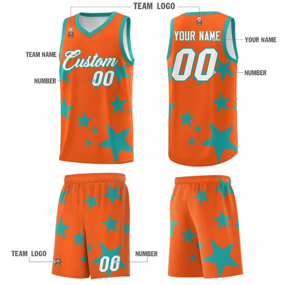 Custom Orange Aqua Graffiti Pattern Star Print Basketball Jersey Kits|KXKSHOP