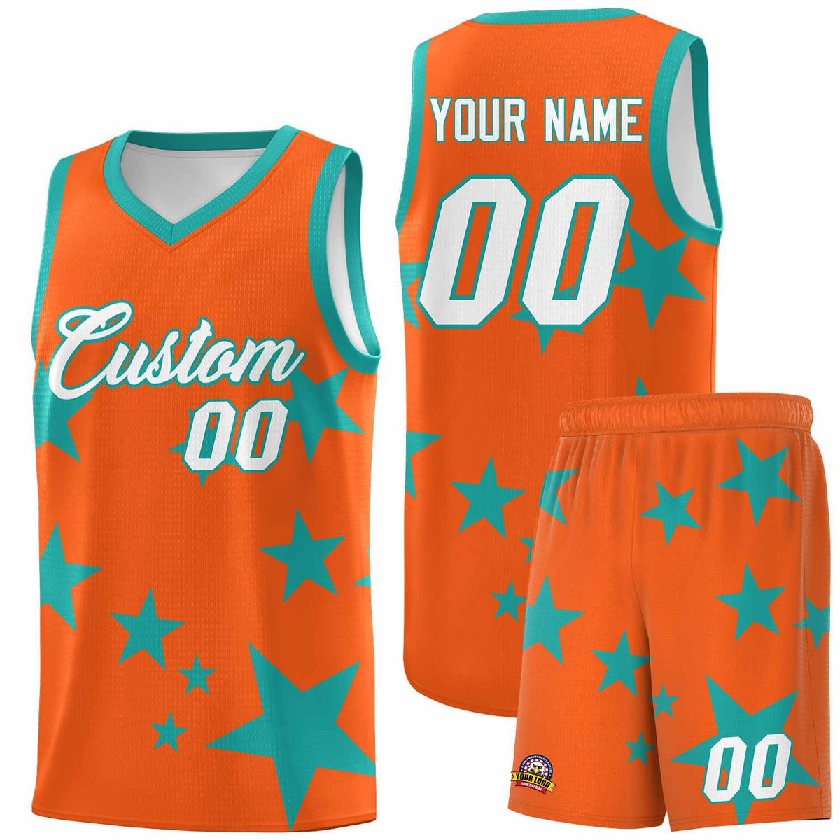 Custom Orange Aqua Graffiti Pattern Star Print Basketball Jersey Kits|KXKSHOP