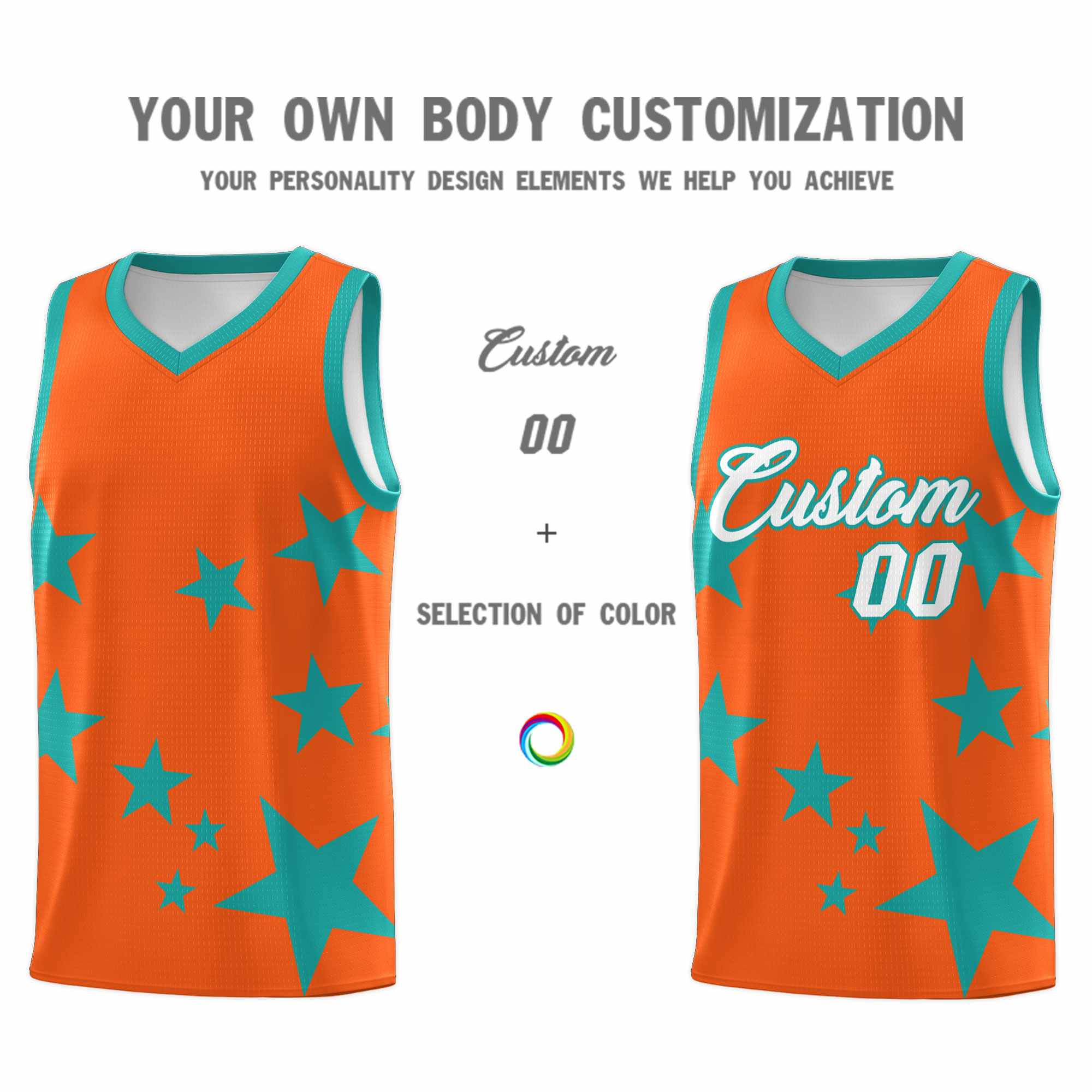 Custom Orange Aqua Graffiti Pattern Star Print Basketball Jersey Kits|KXKSHOP