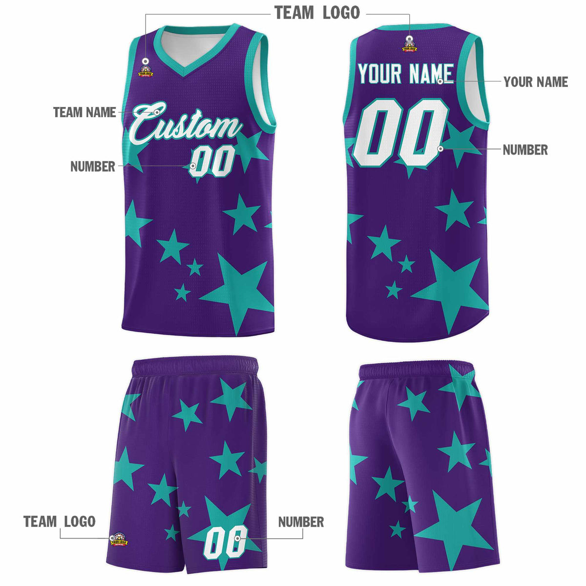 Custom Purple Aqua Graffiti Pattern Star Print Basketball Jersey Kits|KXKSHOP