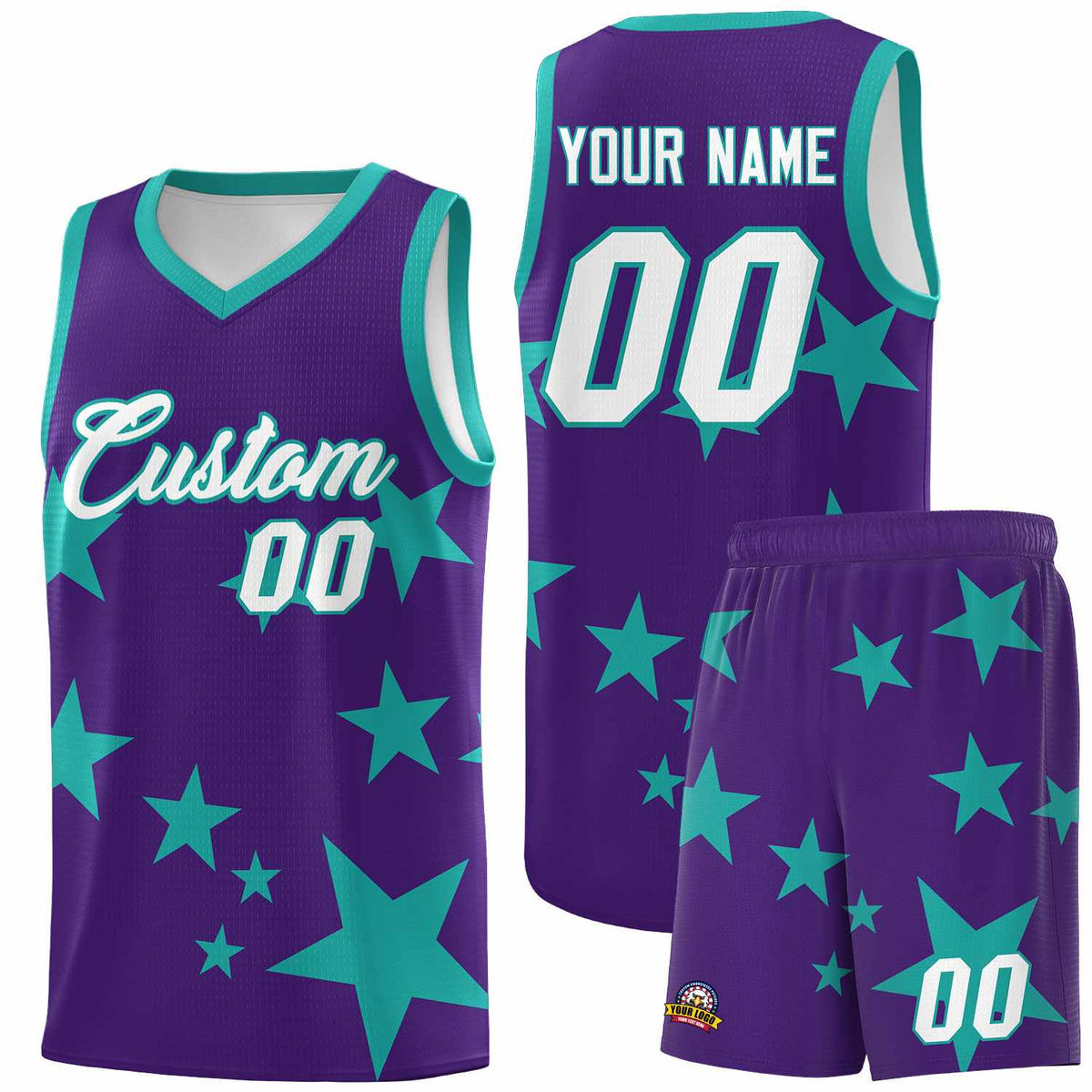 Custom Purple Aqua Graffiti Pattern Star Print Basketball Jersey Kits|KXKSHOP