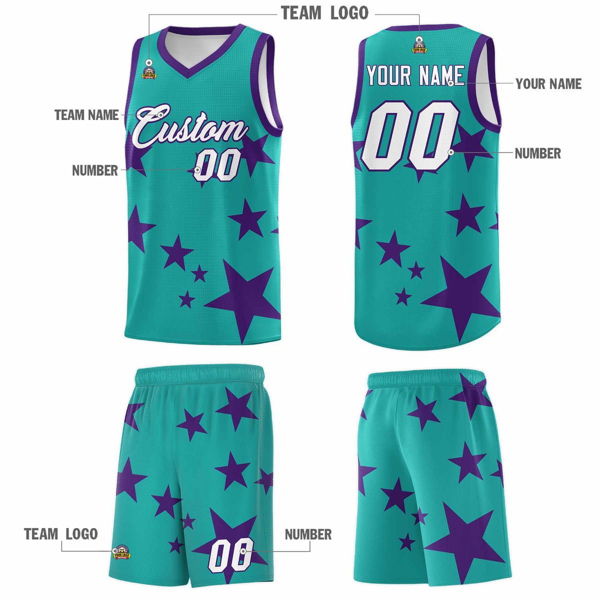 Custom Aqua Purple Graffiti Pattern Star Print Basketball Jersey Kits|KXKSHOP
