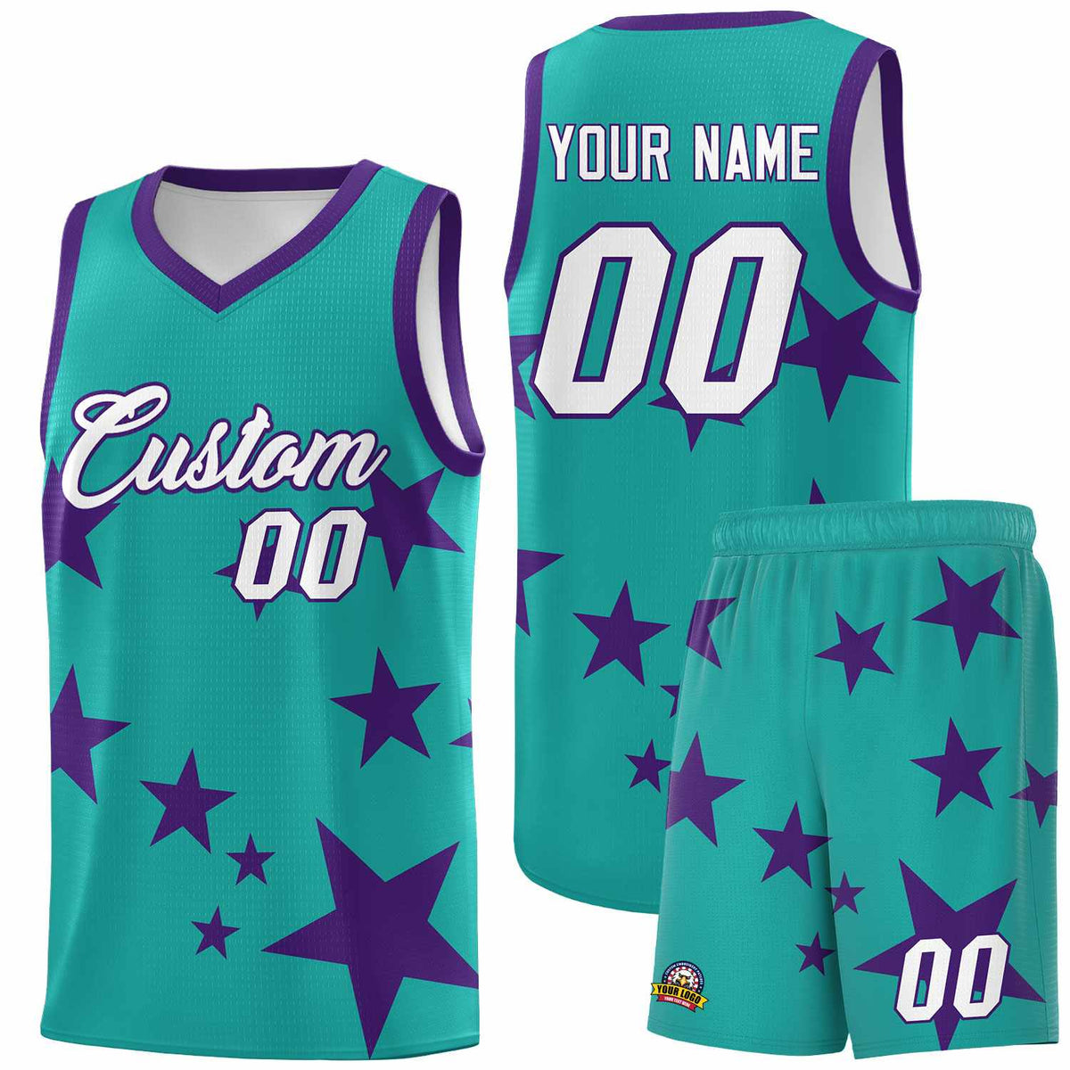 Custom Aqua Purple Graffiti Pattern Star Print Basketball Jersey Kits|KXKSHOP