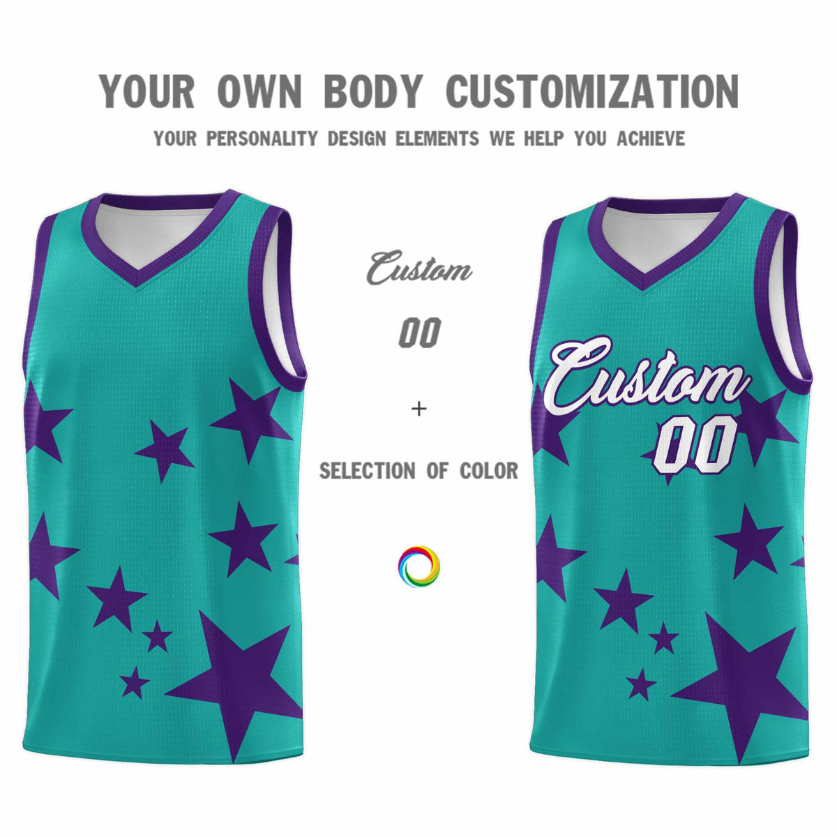Custom Aqua Purple Graffiti Pattern Star Print Basketball Jersey Kits|KXKSHOP