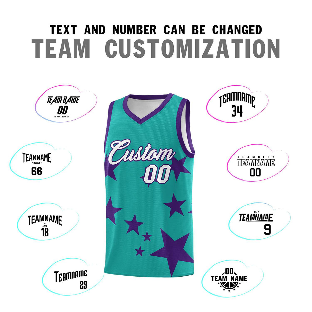 Custom Aqua Purple Graffiti Pattern Star Print Basketball Jersey Kits|KXKSHOP