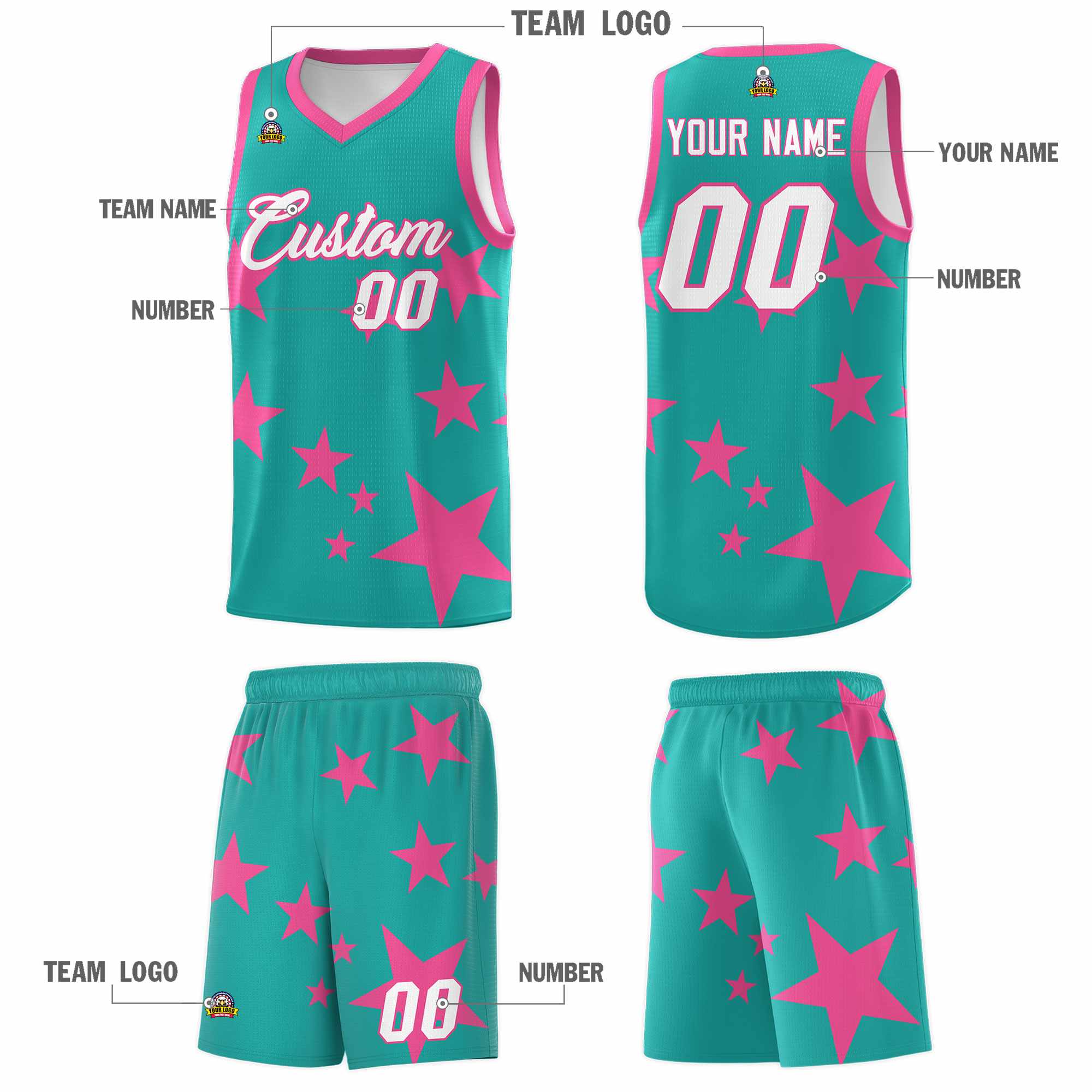 Custom Aqua Pink Graffiti Pattern Star Print Basketball Jersey Kits|KXKSHOP