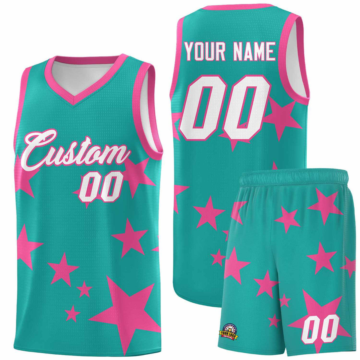 Custom Aqua Pink Graffiti Pattern Star Print Basketball Jersey Kits|KXKSHOP