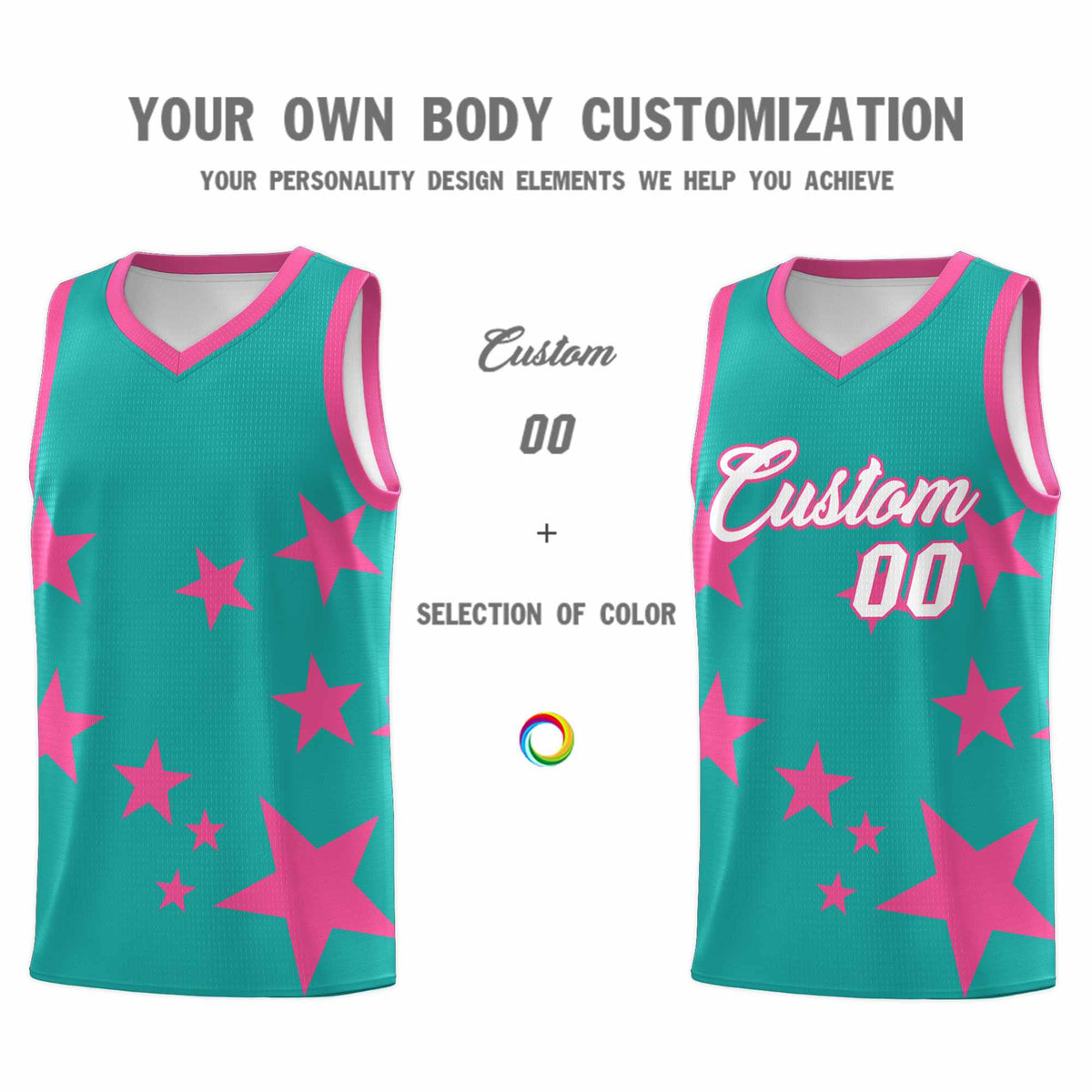 Custom Aqua Pink Graffiti Pattern Star Print Basketball Jersey Kits|KXKSHOP