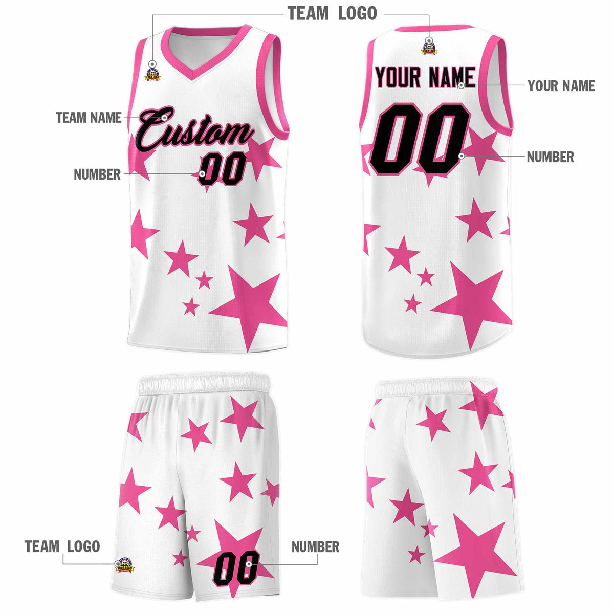 Custom White Pink Graffiti Pattern Star Print Basketball Jersey Kits|KXKSHOP