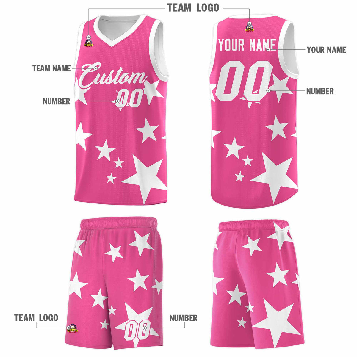 Custom Pink White Graffiti Pattern Star Print Basketball Jersey Kits|KXKSHOP