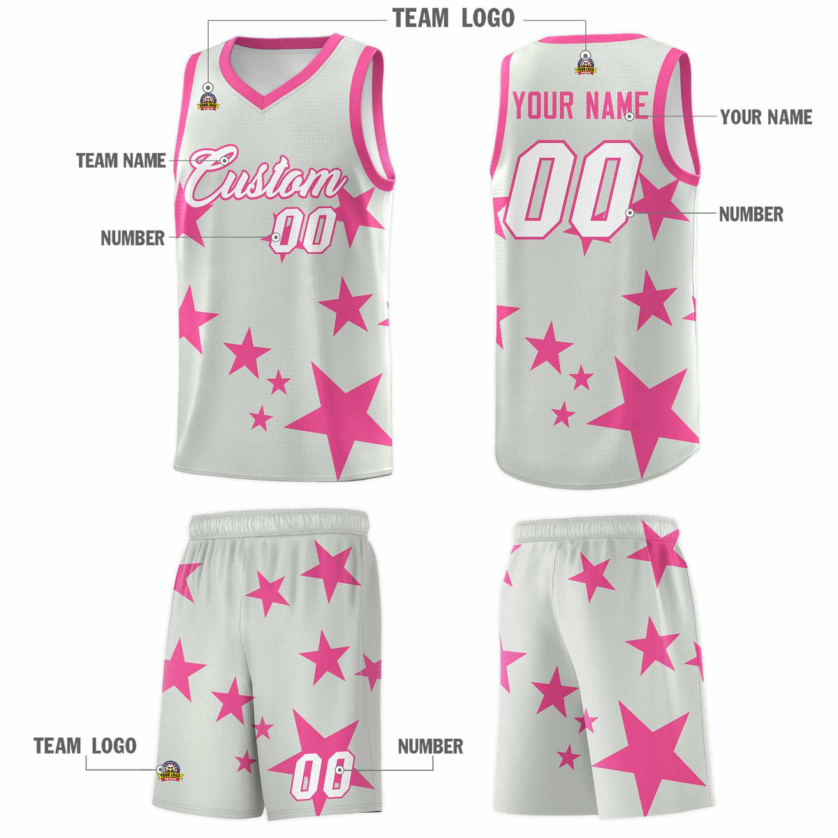 Custom Gray Pink Graffiti Pattern Star Print Basketball Jersey Kits|KXKSHOP