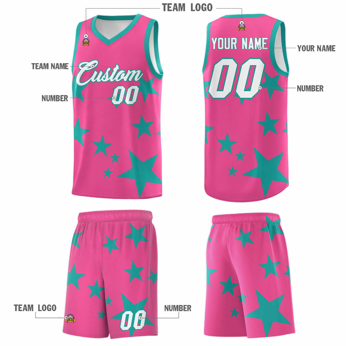 Custom Pink Aqua Graffiti Pattern Star Print Basketball Jersey Kits|KXKSHOP