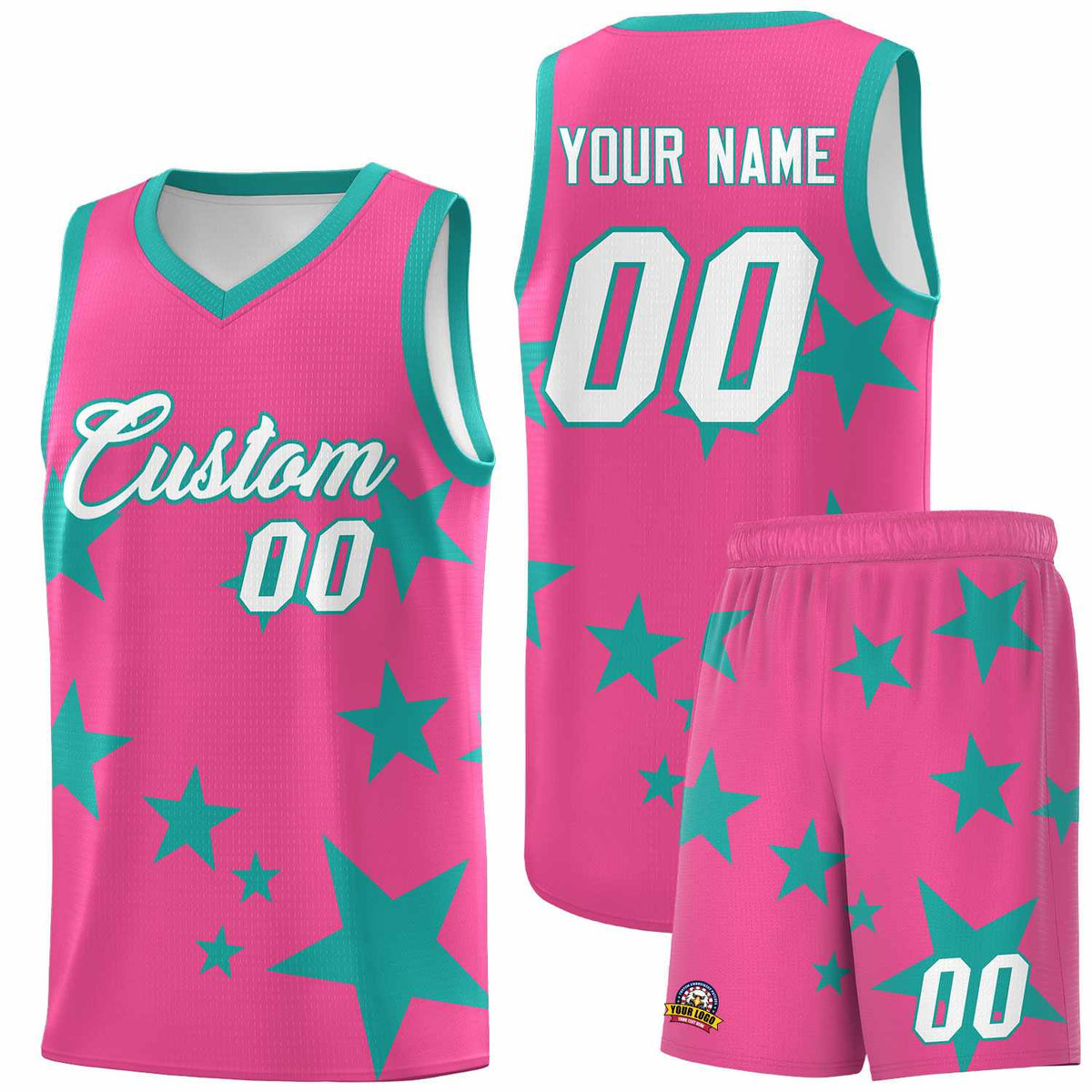 Custom Pink Aqua Graffiti Pattern Star Print Basketball Jersey Kits|KXKSHOP