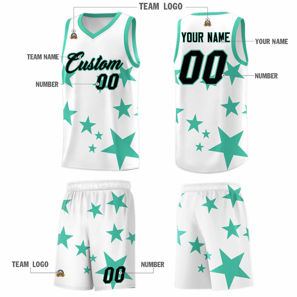 Custom White Bright Green Graffiti Pattern Star Print Basketball Jersey Kits|KXKSHOP