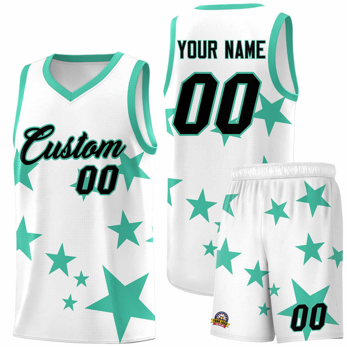 Custom White Bright Green Graffiti Pattern Star Print Basketball Jersey Kits|KXKSHOP