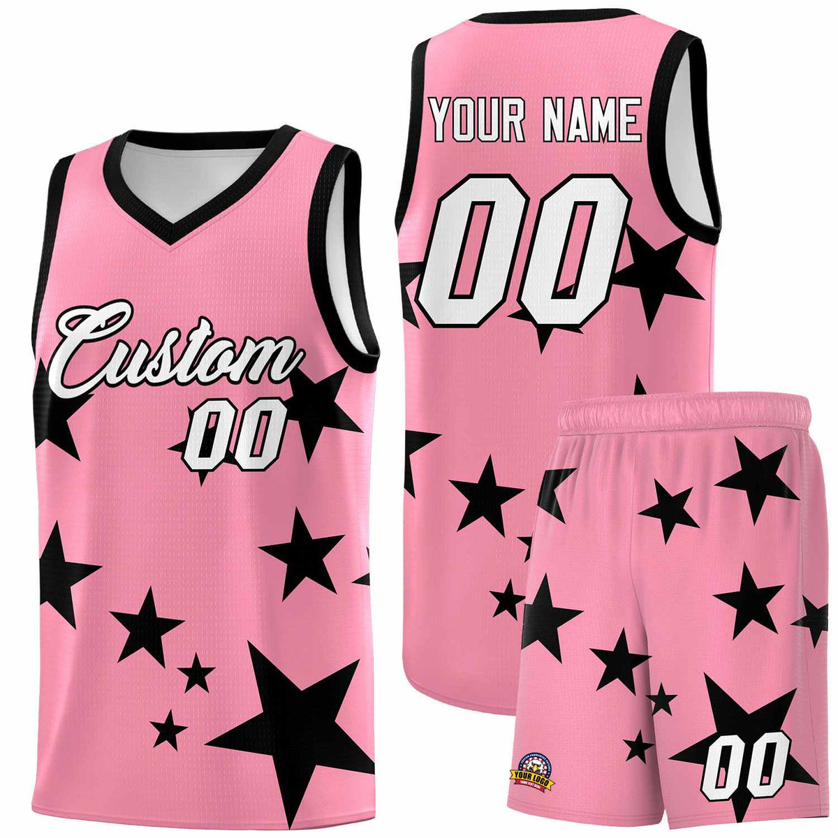 Custom Light Pink Black Graffiti Pattern Star Print Basketball Jersey Kits|KXKSHOP