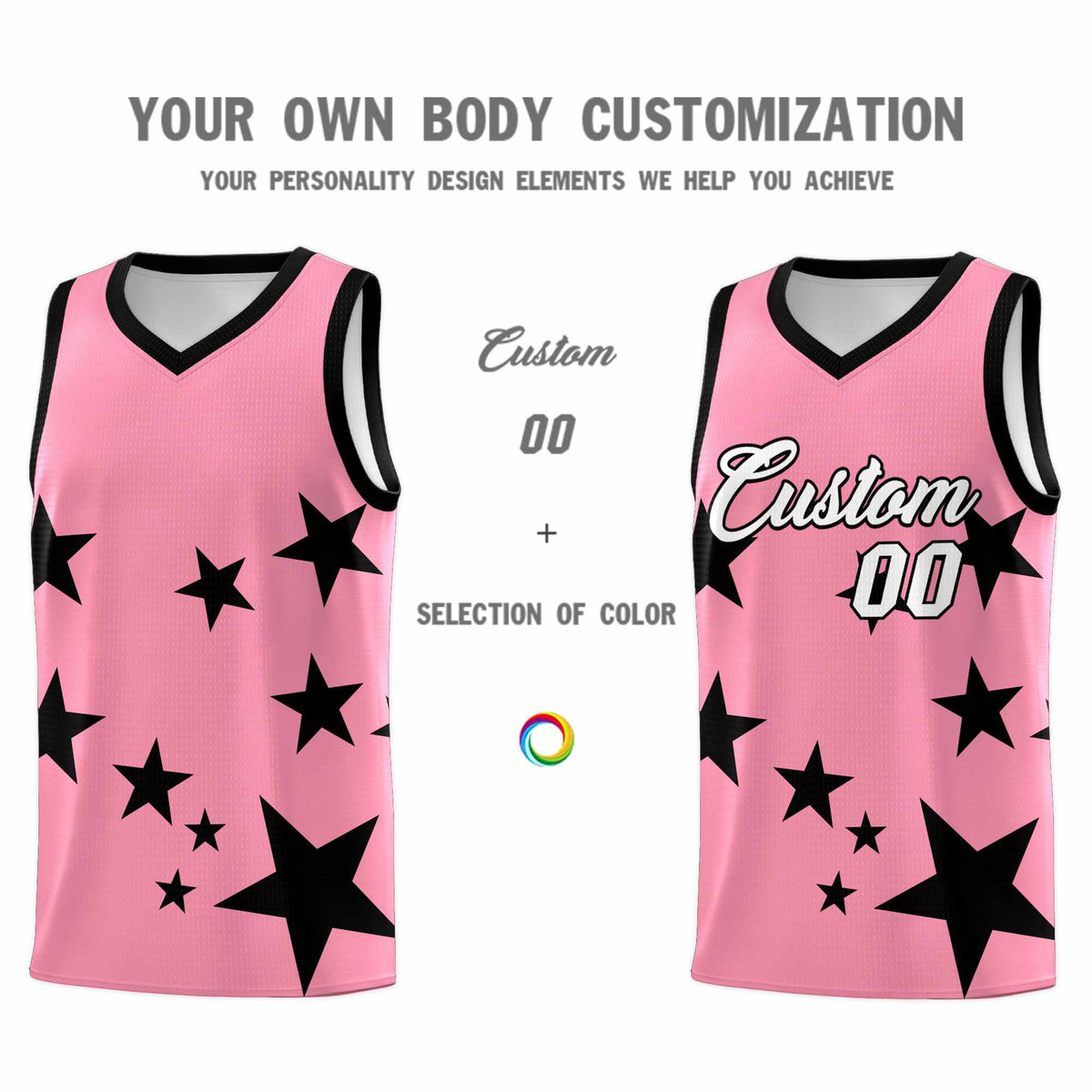 Custom Light Pink Black Graffiti Pattern Star Print Basketball Jersey Kits|KXKSHOP