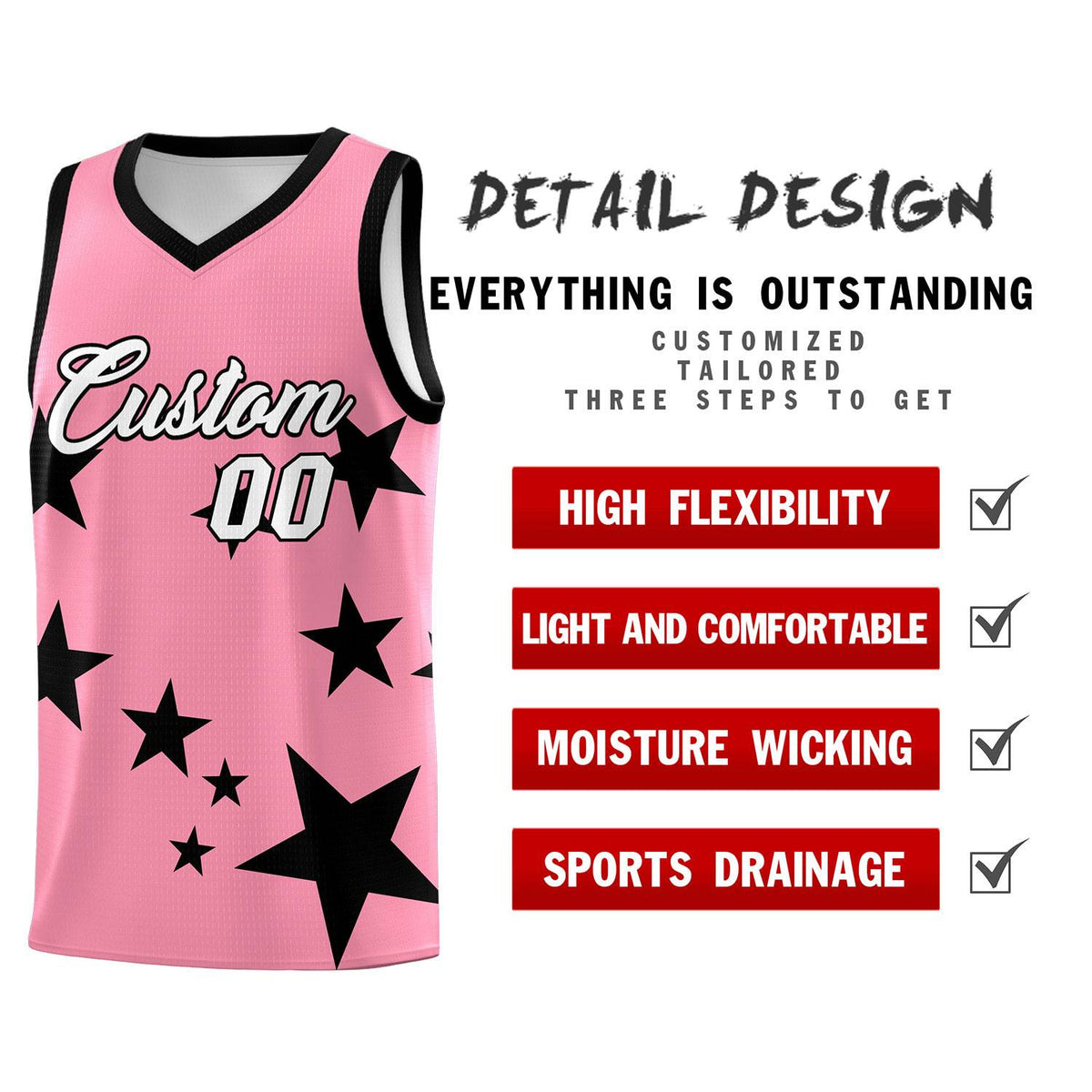 Custom Light Pink Black Graffiti Pattern Star Print Basketball Jersey Kits|KXKSHOP